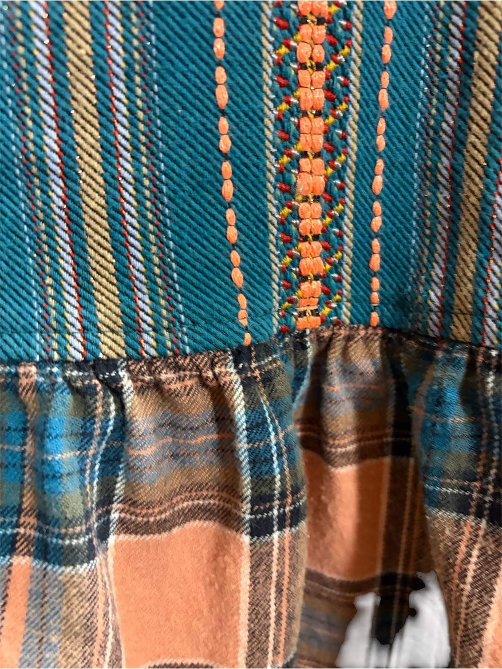 IVY JANE - Textured Stripe & Plaid Peplum Top - Teal & Peach (Size:S) - Picture 3 of 6
